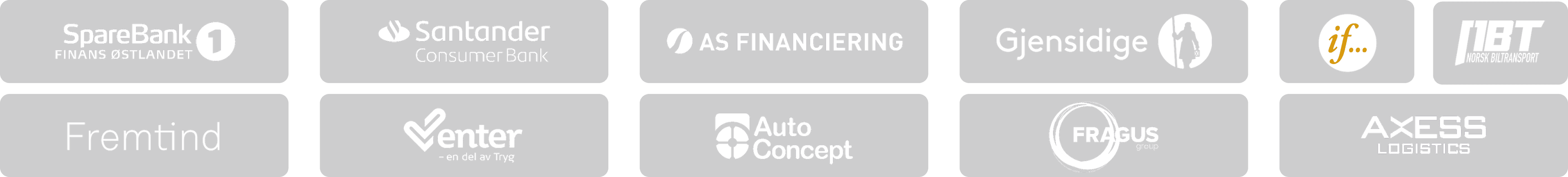Våre samarbeidspartnere: SpareBank 1, Santander, AS Finansiering, Gjensidige, If, NBT, Fremtind, Enter, Auto Concept, Fragus Group og Axess Logistics